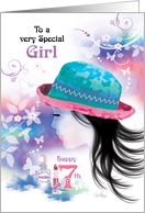 Special Girl, 17th Birthday - Girl in Hat with Decorative Design card