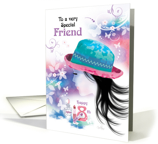 Friend, 18th Birthday - Girl in Hat with Decorative Design card