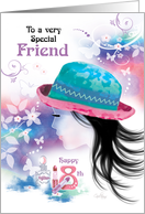 Friend, 18th Birthday - Girl in Hat with Decorative Design card
