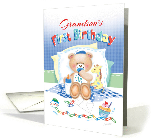 Grandson's 1st Birthday -Boy Teddy, Pillows Giraffe card (1278890)