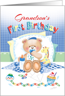 Grandson’s 1st Birthday -Boy Teddy, Pillows Giraffe card