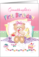 Granddaughter’s 1st Birthday - Girl Teddy, Pillows Giraffe card