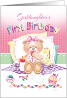 Goddaughter’s 1st Birthday - Girl Teddy, Pillows Giraffe card