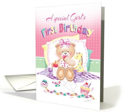 Special Girl's 1st Birthday - Girl Teddy, Pillows Giraffe card
