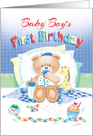Baby Boy’s 1st Birthday - Boy Teddy, Pillows Giraffe card
