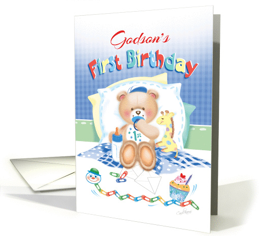 Godson's 1st Birthday - Boy Teddy, Pillows Giraffe card (1278950)