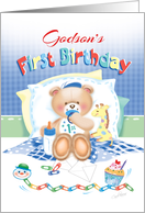 Godson’s 1st Birthday - Boy Teddy, Pillows Giraffe card