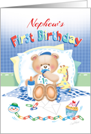 Nephew’s 1st Birthday - Boy Teddy, Pillows Giraffe card