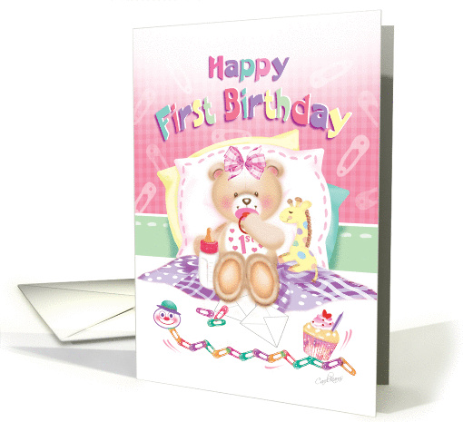 First Birthday, Girl - Teddy with Pacifier and Giraffe card (1280200)