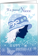 Niece, Birthday - Silhouetted Female Face in Blue Hat card