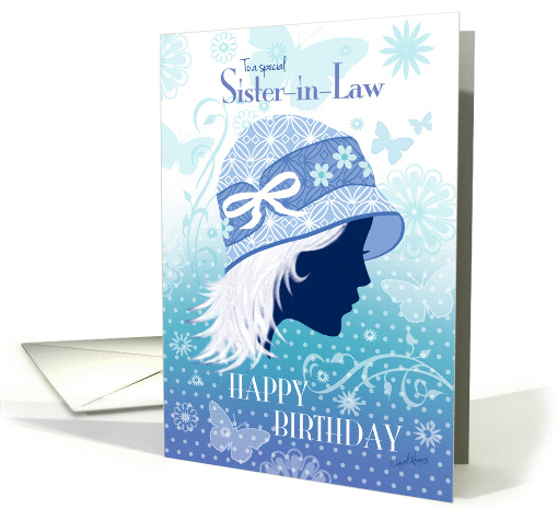 Sister-in-Law, Birthday - Silhouetted Female Face in Blue Hat card