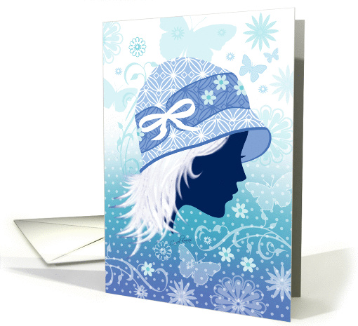 Open, Blank - Silhouetted Female Face in Blue Designer Hat card