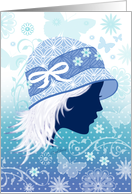 Open, Blank - Silhouetted Female Face in Blue Designer Hat card