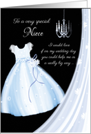 Flower Girl Request, Niece - Blue Dress, chandelier & Veil card