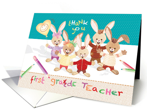 Thank You, 1st Grade Teacher - Bunny Kids with Balloon card (1284512)