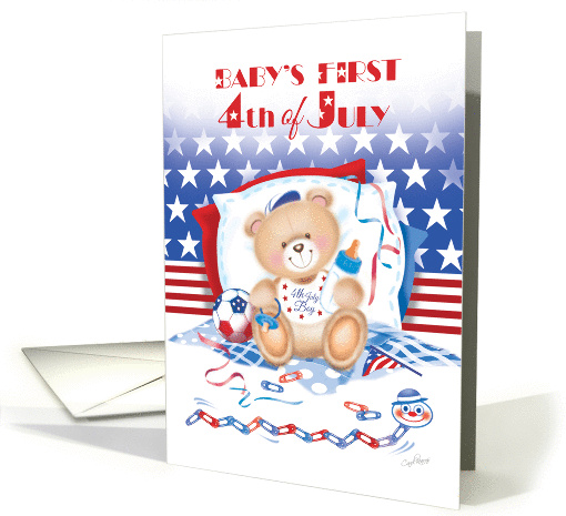 4th of July, Baby's Boy's 1st - Teddy with Stars and Stripes card
