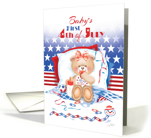 4th of July, Baby's Girl's 1st - Teddy with Stars and Stripes card