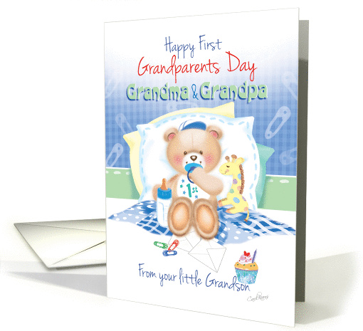 1st Grandparents Day, From Grandson - Boy Teddy with Giraffe card