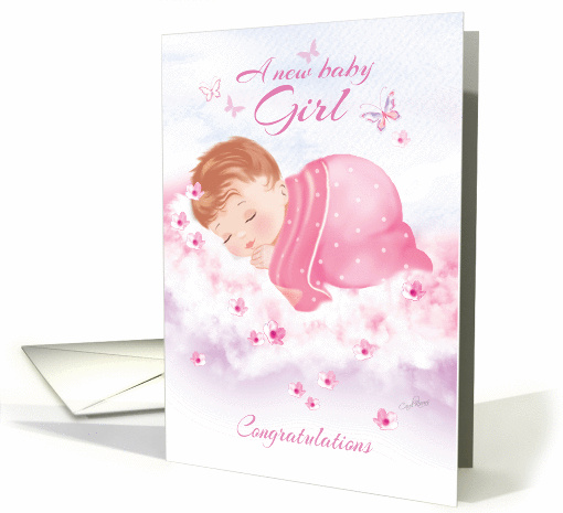 Congratulations, New Baby Girl - Baby Girl Asleep on Clouds card