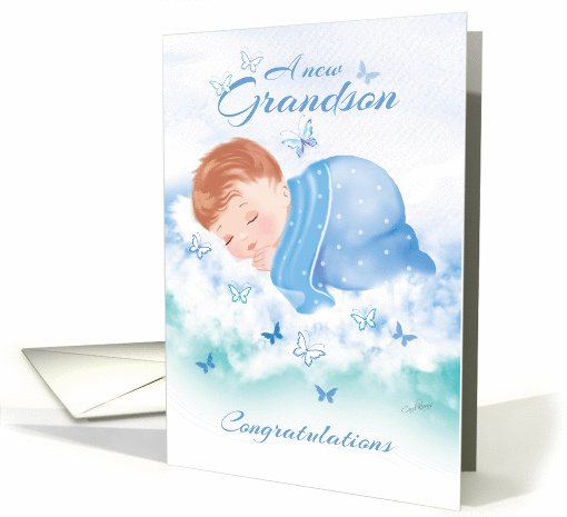 Congratulations, New Grandson - Baby Boy Asleep on Clouds card