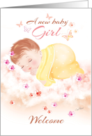 New Baby Girl, Welcome - Baby Girl Asleep on Clouds card