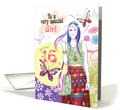 16th Birthday Girl - Hippy Teen with Flowers and Butterflies card