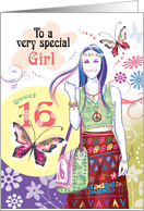 16th Birthday Girl - Hippy Teen with Flowers and Butterflies card