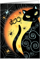 Halloween, Boo - Black Cat by Moon with Spiders and Cobwebs card