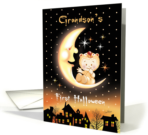 Halloween, Grandson's 1st - Cute Baby Sitting On Moon Over Houses card