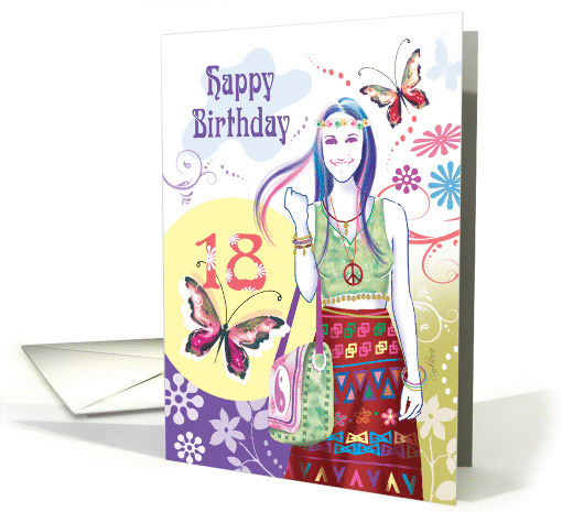 18th Birthday - Hippy Teenage Girl with Flowers and Butterflies card