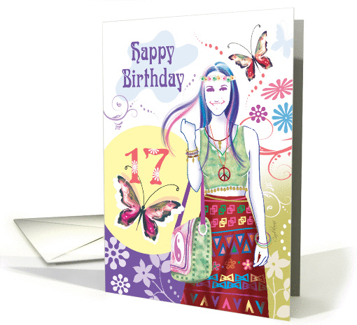17th Birthday - Hippy Teenage Girl with Flowers and Butterflies card