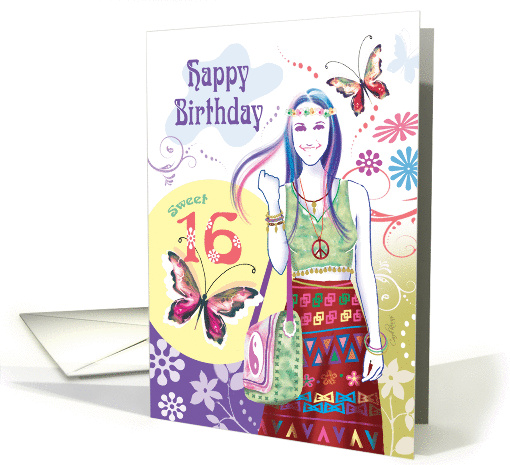 16th Birthday - Hippy Festival Style, Teenage Girl with Flowers card