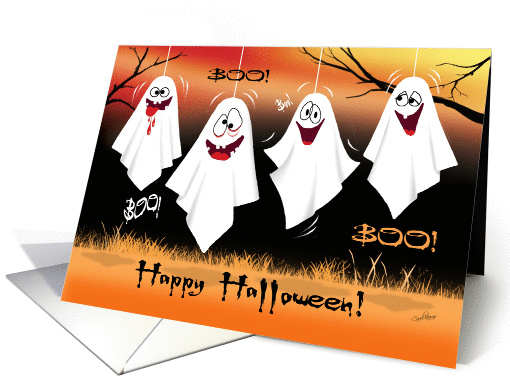 Halloween, Boo! - 4 Zany, Laughing Ghosts, Hanging From Trees card