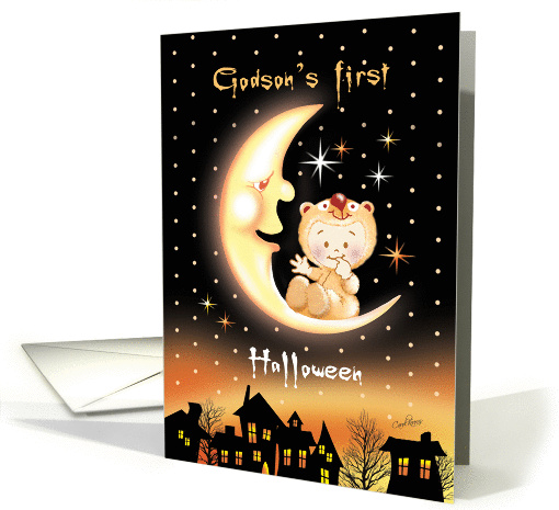 Halloween, Godson's 1st - Cute Baby Sitting On Moon Over Houses card