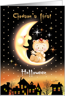 Halloween, Godson’s 1st - Cute Baby Sitting On Moon Over Houses card