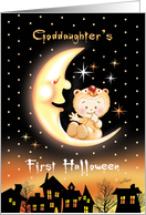 Halloween, Goddaughter’s 1st, Cute Baby Sitting On Moon Over Houses card