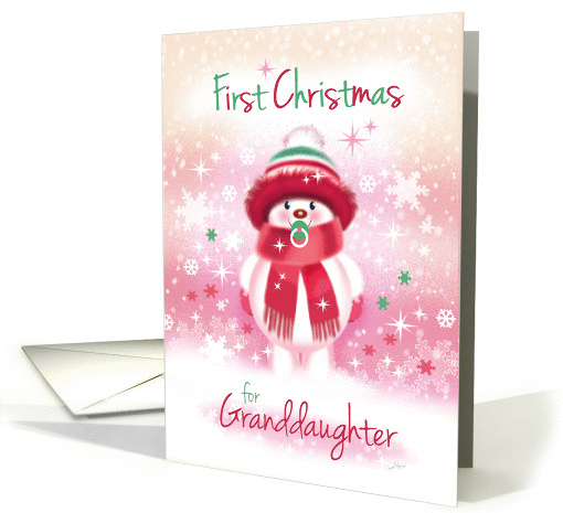 First Christmas Granddaughter - Cute Snow Baby sucking Pacifier. card