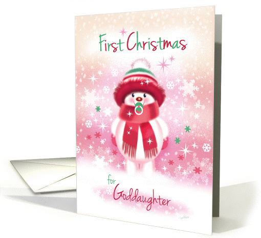 1st Christmas, Goddaughter - Cute Snow Baby sucking Pacifier card