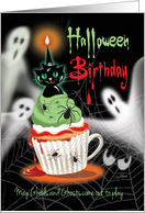 Halloween, Birthday - Cupcake with Cup Handle, Black Cat and Ghosts card