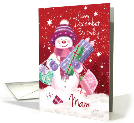 December Birthday, Mam - Sweet Snow Woman Christmas Shopping card