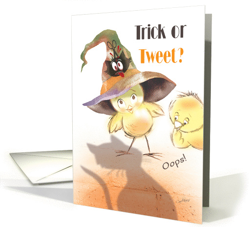 Halloween, Trick or Tweet - Oops, Bird in Witches Hat faces Cat card