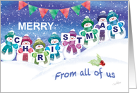 Christmas, From All Of Us - The Word Christmas Held By Snowmen card