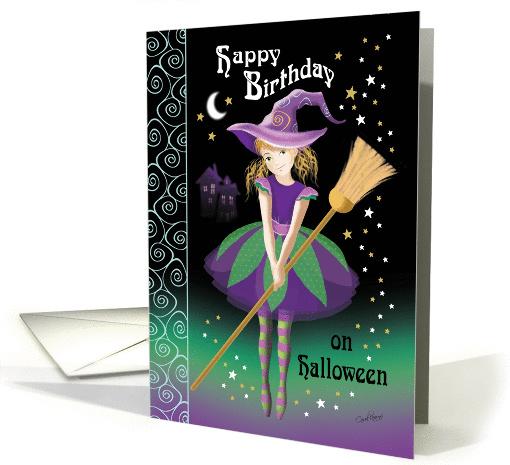 Halloween Birthday Girl - Pretty Tween Witch with Broom card (1333396)
