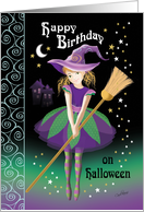 Halloween Birthday Girl - Pretty Tween Witch with Broom card