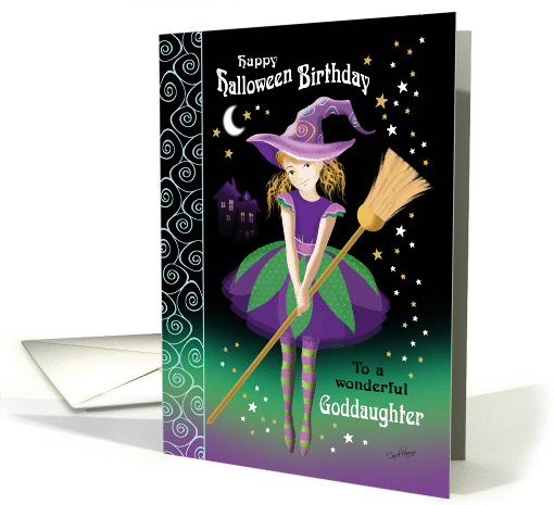 Halloween Birthday Goddaughter - Pretty Tween Witch with Broom card