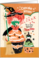 Halloween, To Teacher, - Cute Cupcake Witch and Cat card