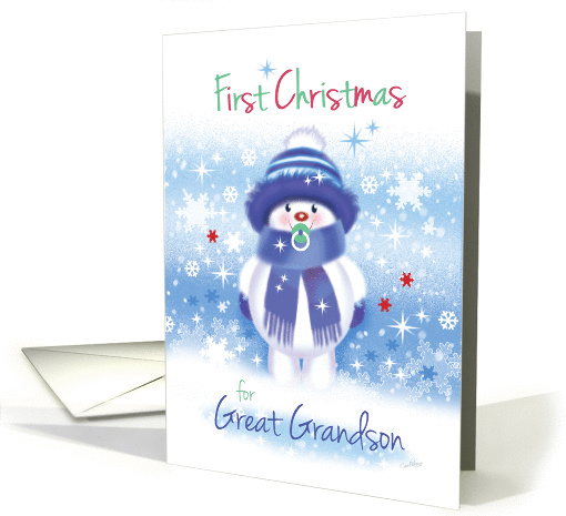 First Christmas, Great Grandson - Cute Snow Baby sucking pacifier card