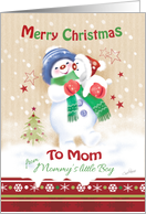 Christmas To Mom, From Young Son - Snow Boy Hugging Snow Puppy card