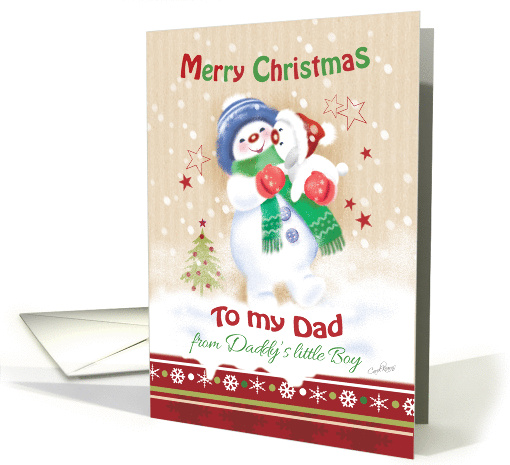 Christmas To Dad, From Young Son - Snow Boy Hugging Snow Puppy card