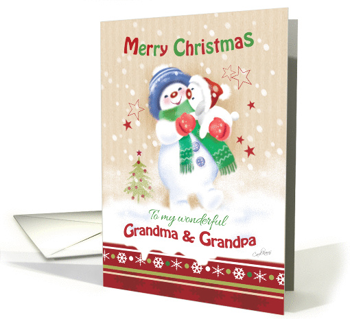 Christmas, Grandma & Grandpa - Blue Snow Child Hugs Snow Puppy card